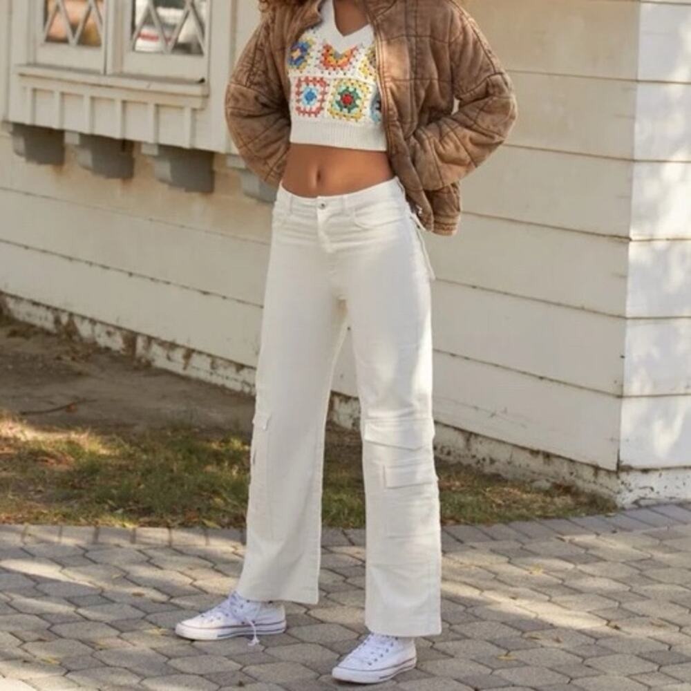 Forever 21 Cream Corduroy Cargo Pants Wide Leg High Waisted Utility Large